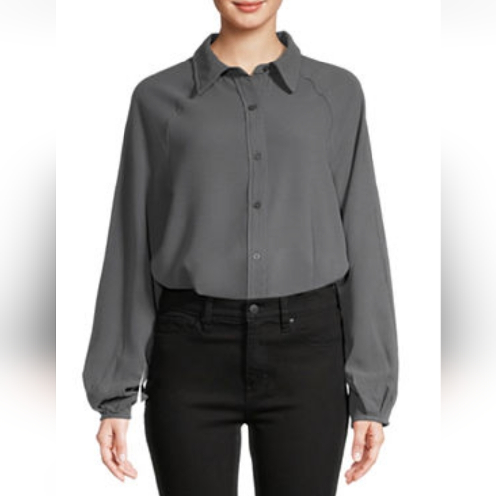 Worthington Womens Long Sleeve Oversized Button-Down Shirt Gray NWOT LARGE
